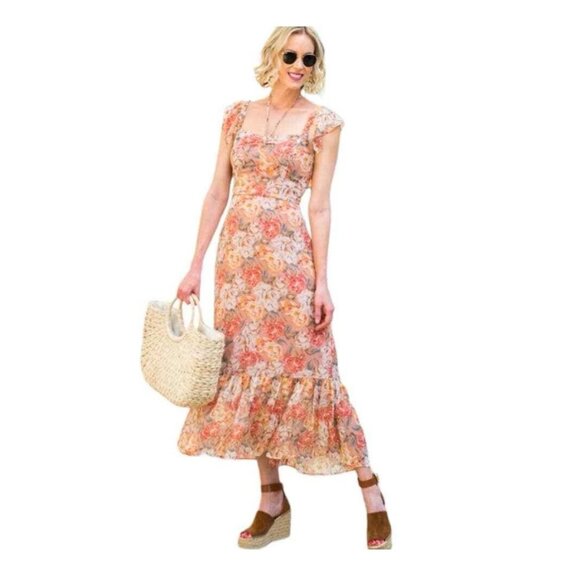 Wayf Valerie Blouson Midi Dress Women’s Sz XL Peach Floral Sleeveless Ruffle - Picture 1 of 16